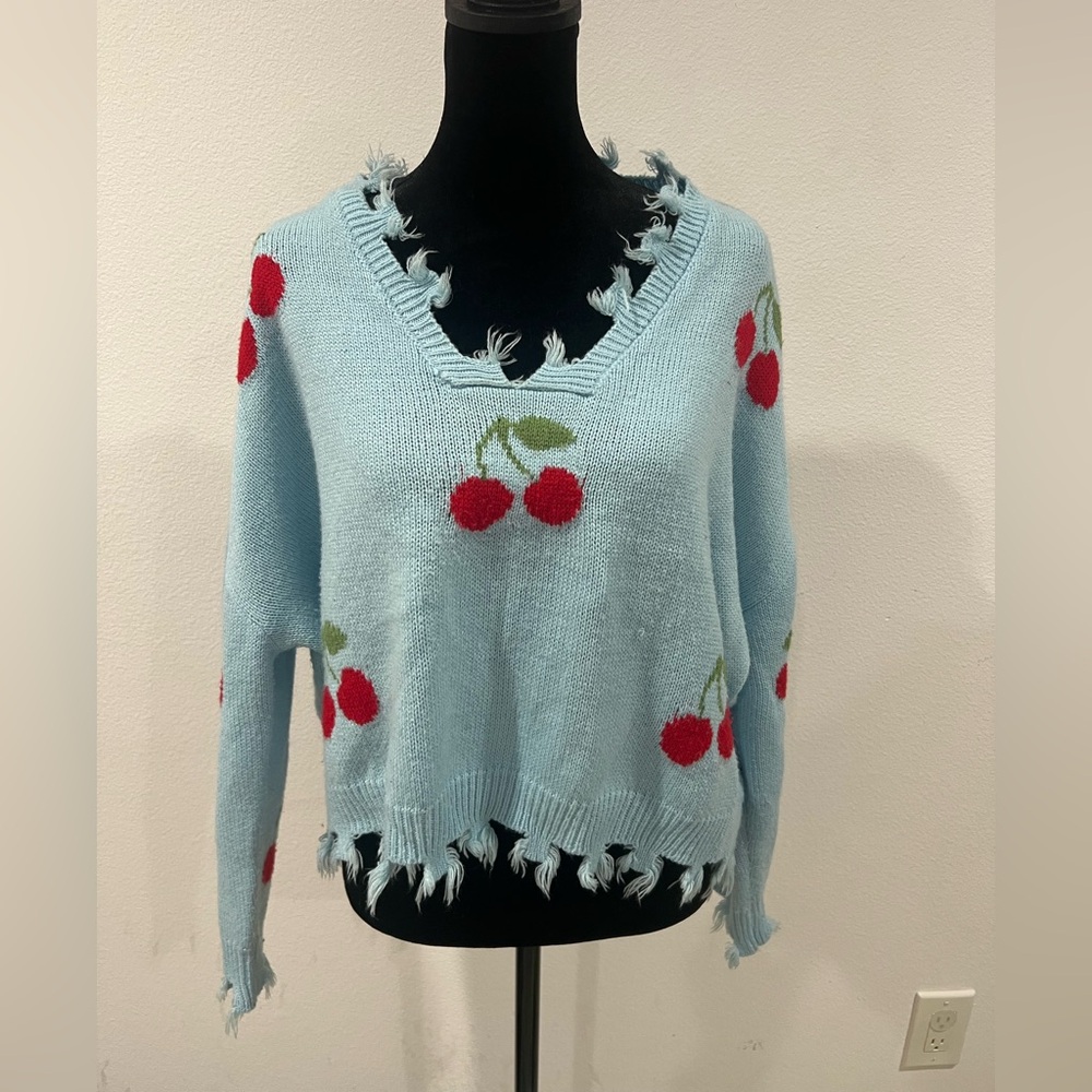 Cherry - Fringe Collar - Knit Sweater - Light Blue -  V Neck - Trendy - Size L